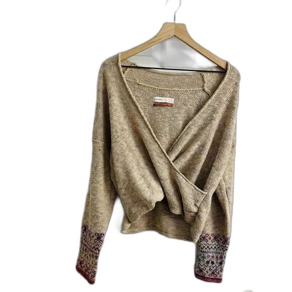 Anthropologie Sweater Pilcro Fair Isle Tan Winter V-Neck Knit Boho Casual XS - Picture 3 of 6